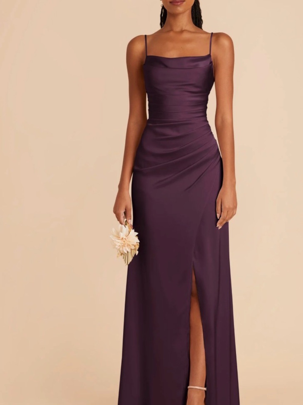 Birdy Grey Plum Satin Spaghetti-Strap Evening Gown